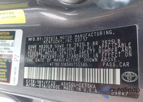 2017 Toyota Camry Se из США, поврежденный, VIN 4T1BF1FK5HU755585